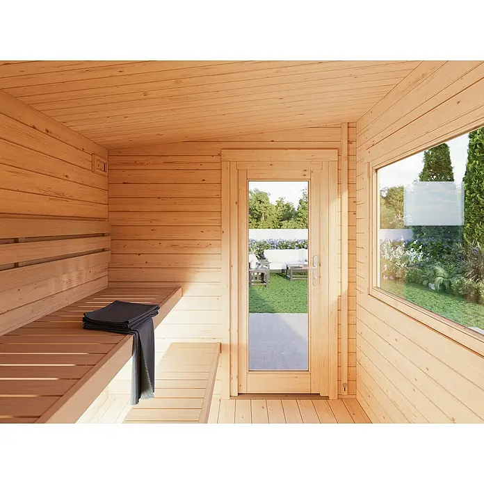 Palmako Saunahaus Sanna - Ohne Ofen, Natur, L x B x H: 249 x 342 x 249 cm - Die Sauna mit Holzbänken und Fenster bietet einen Blick in den Garten. Das ideale Entspannungserlebnis im eigenen Zuhause.