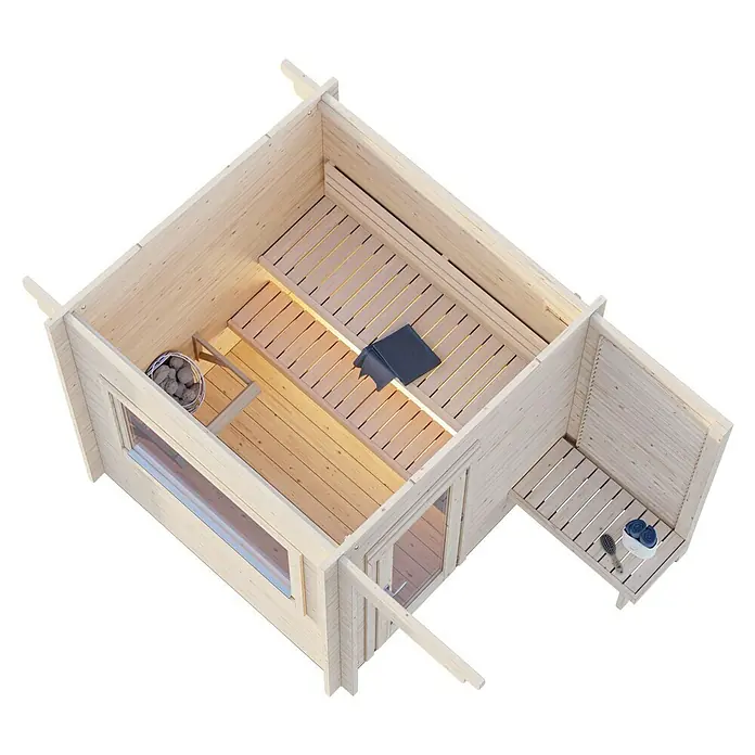 Palmako Saunahaus Sanna - Ohne Ofen, Natur, L x B x H: 249 x 342 x 249 cm - Draufsicht auf eine hölzerne Sauna mit Bänken, Steinen und Handtüchern. Die Sauna hat ein helles, natürliches Holzfinish.