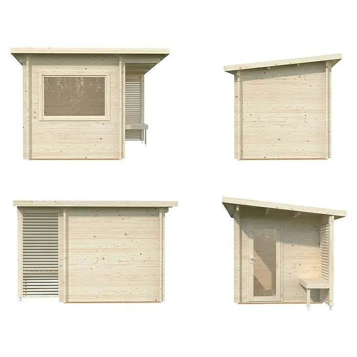 Palmako Saunahaus Sanna - Ohne Ofen, Natur, L x B x H: 249 x 342 x 249 cm - Mehransichten des Holzgartenhauses mit Fenster, Tür und überdachtem Sitzbereich für entspannte Stunden im Garten.