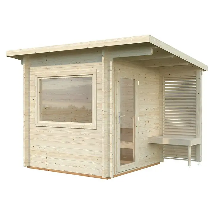 Palmako Saunahaus Sanna - Ohne Ofen, Natur, L x B x H: 249 x 342 x 249 cm - Ansicht eines Gartenhauses aus hellem Holz mit Fenster, Tür und überdachtem Sitzbereich. Ideal als Gartenlaube oder Saunahaus.