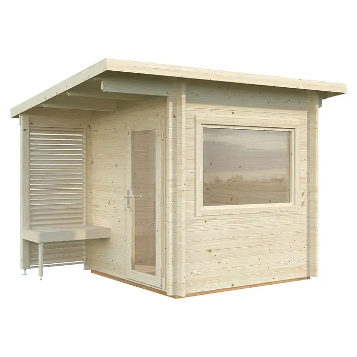 Palmako Saunahaus Sanna - Ohne Ofen, Natur, L x B x H: 249 x 342 x 249 cm - Abbildung eines Holzgartenschuppens mit Fenster und Sitzbereich, ideal für den Außenbereich und als stilvolles Gartenaccessoire.