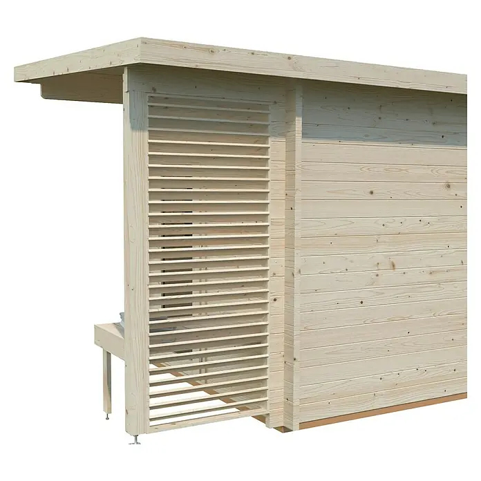 Palmako Saunahaus Sanna - Ohne Ofen, Natur, L x B x H: 267 x 482 x 249 cm - Nahaufnahme eines modernen Holzschuppens mit Lamellenwand und horizontaler Holzverkleidung.