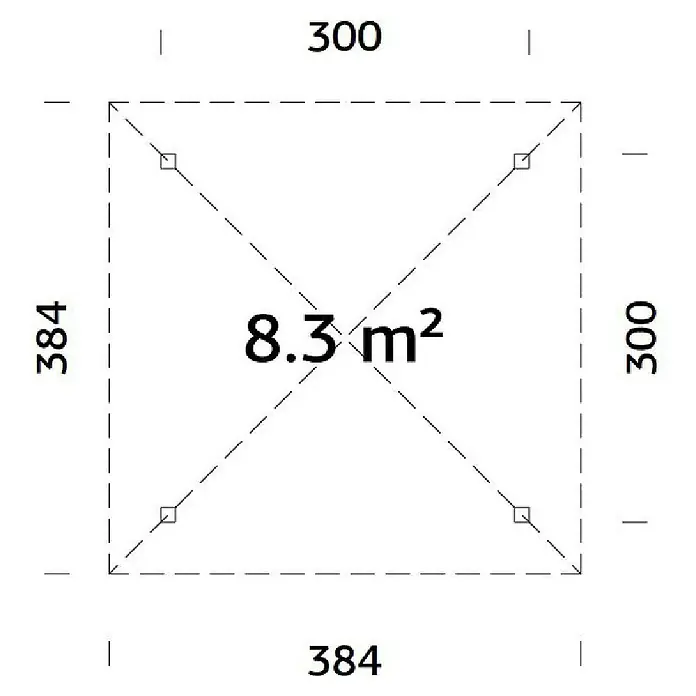 Palmako Pérgola estándar Bianca S - L x An: 384 x 384 cm, Madera, Natural - Vista superior de un plano de planta cuadrado con diagonales y dimensiones, área de 8,3 m². Dibujo técnico para construcción o diseño.