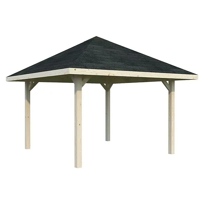Palmako Pérgola estándar Bianca S - L x An: 384 x 384 cm, Madera, Natural - Esta toma muestra un mirador con un techo oscuro y soportes de madera clara, perfecto para jardines y relajación al aire libre.