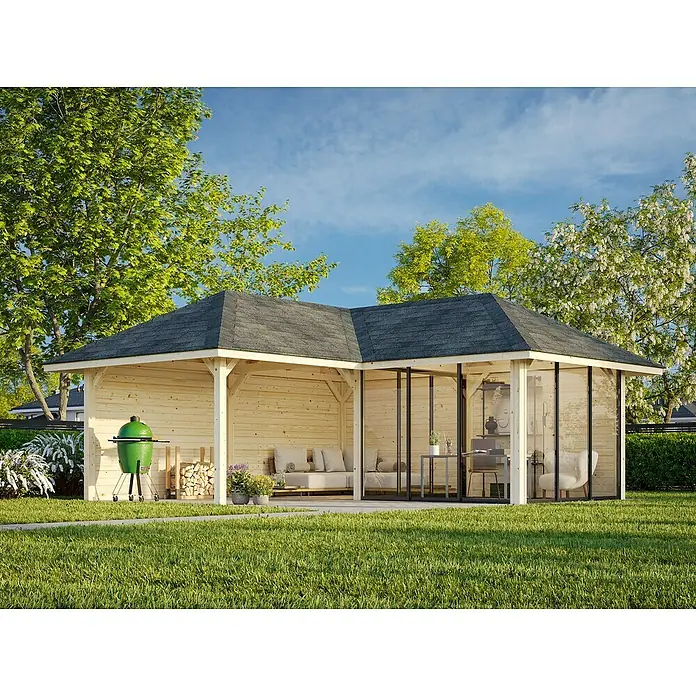 Palmako Caseta de jardín Bianca Set 212 Slide - Medidas ext. (An x Pr): 672 x 672 cm, Madera, Natural - Elegante pabellón de madera con zona de barbacoa y asientos cubiertos, perfecto para relajarse al aire libre.
