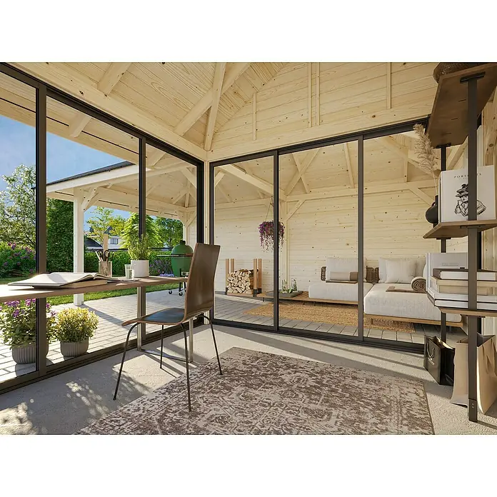 Palmako Caseta de jardín Bianca Set 212 Slide - Medidas ext. (An x Pr): 672 x 672 cm, Madera, Natural - Vista interior de una moderna caseta de jardín de madera con grandes puertas correderas de cristal, con estanterías, mesa y silla.