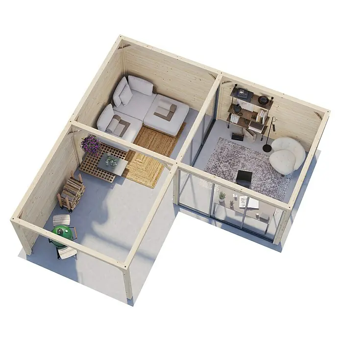 Palmako Caseta de jardín Bianca Set 212 Slide - Medidas ext. (An x Pr): 672 x 672 cm, Madera, Natural - Vista interior de una casa de madera con áreas de estar y trabajo, destacando la distribución cuidada y el diseño natural.