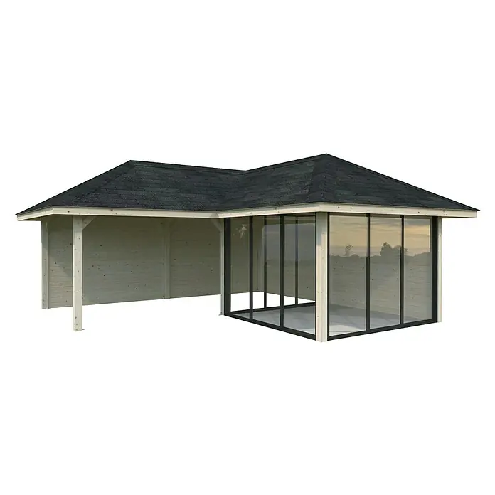 Palmako Caseta de jardín Bianca Set 212 Slide - Medidas ext. (An x Pr): 672 x 672 cm, Madera, Natural - Vista exterior de un moderno pabellón de madera con frentes de vidrio y techo oscuro, ideal para el jardín o la terraza.
