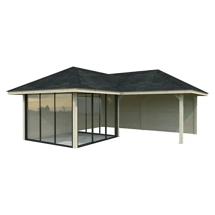 Palmako Caseta de jardín Bianca Set 212 Slide - Medidas ext. (An x Pr): 672 x 672 cm, Madera, Natural - La imagen muestra una moderna glorieta con fachada de vidrio y techo oscuro, perfecta para la relajación al aire libre. La estructura es luminosa y acogedora.