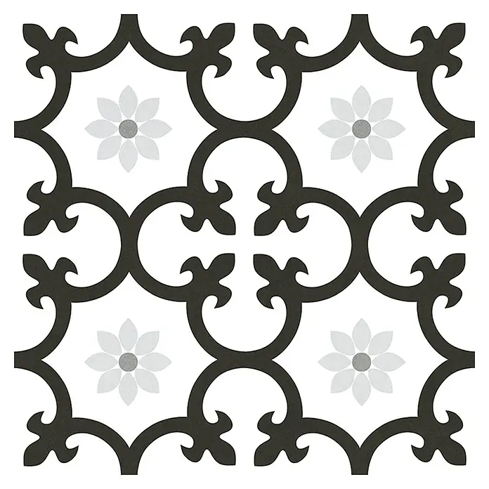 Feinsteinzeugfliese Dalia Black - 25 x 25 cm, Schwarz/Weiß, Matt - Dekorfliese mit floralem Muster in Schwarz, Weiß und Grau. Elegantes Design für Küche und Bad mit filigranen Details und klassischer Ästhetik.