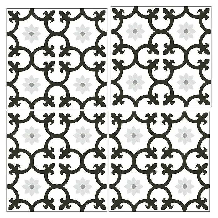 Feinsteinzeugfliese Dalia Black - 25 x 25 cm, Schwarz/Weiß, Matt - Vier dekorative Fliesen mit einem schwarzen, floralen Muster und grauen Akzenten auf weißem Grund, perfekt für stilvolle Innenräume.
