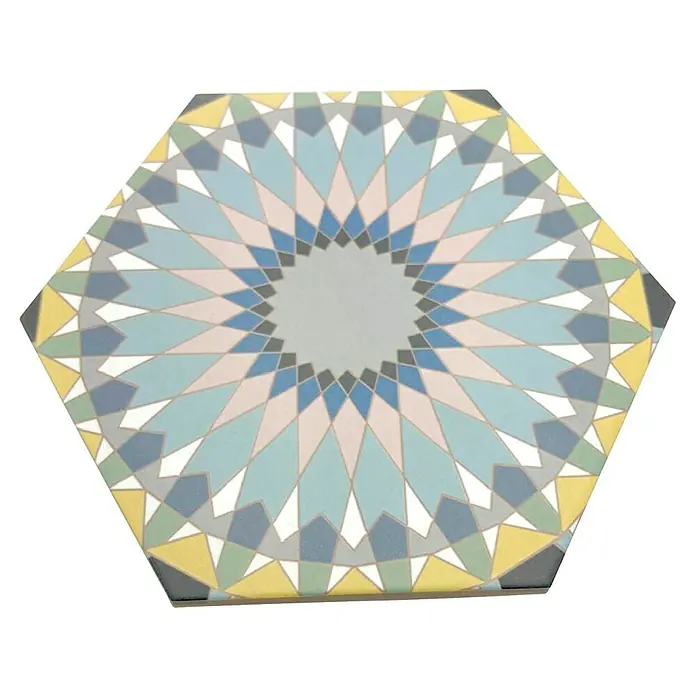 Feinsteinzeugfliese Hexagon Kasbah Mixed - 25 x 22 cm, Bunt, Matt - Sechseckige Dekorfliese mit einem filigranen, farbenfrohen und sternförmigen Muster, ideal für ein stilvolles Interieur.
