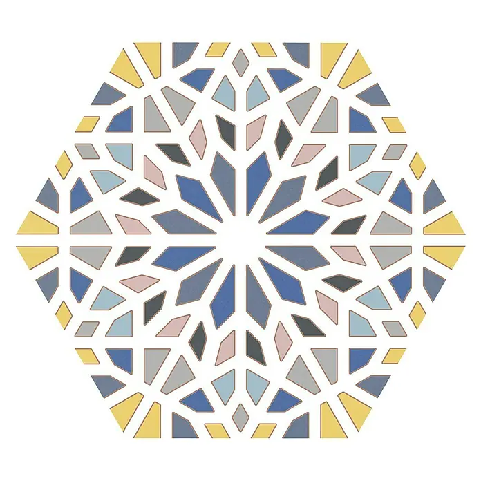 Feinsteinzeugfliese Hexagon Kasbah Mixed - 25 x 22 cm, Bunt, Matt - Nahaufnahme einer sechseckigen Fliese mit einem geometrischen Muster in Blau-, Grau- und Gelbtönen.
