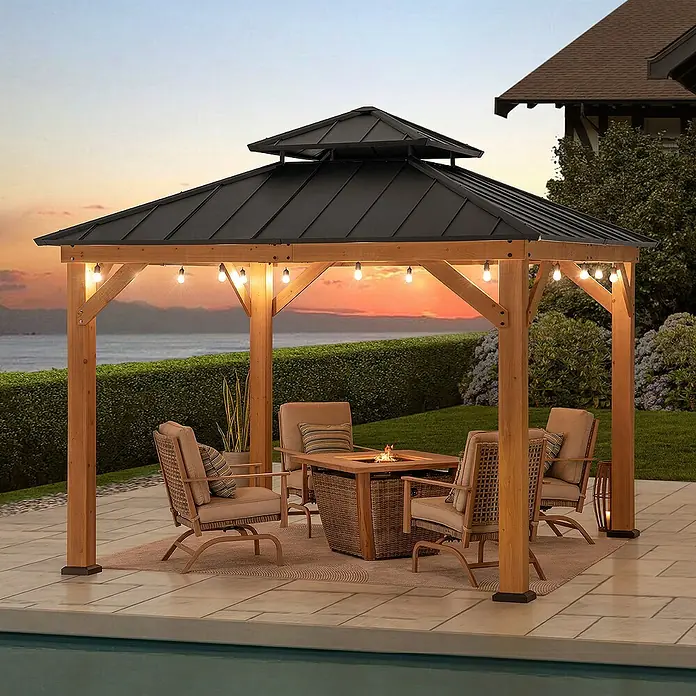 Sunjoy Pavillon Kaps - L x B: 330 x 330 cm, Farbe Dach: Anthrazit - Gemütlicher Pavillon mit Sitzgruppe und Feuerstelle für entspannte Abende im Freien. Die Beleuchtung sorgt für angenehme Atmosphäre.