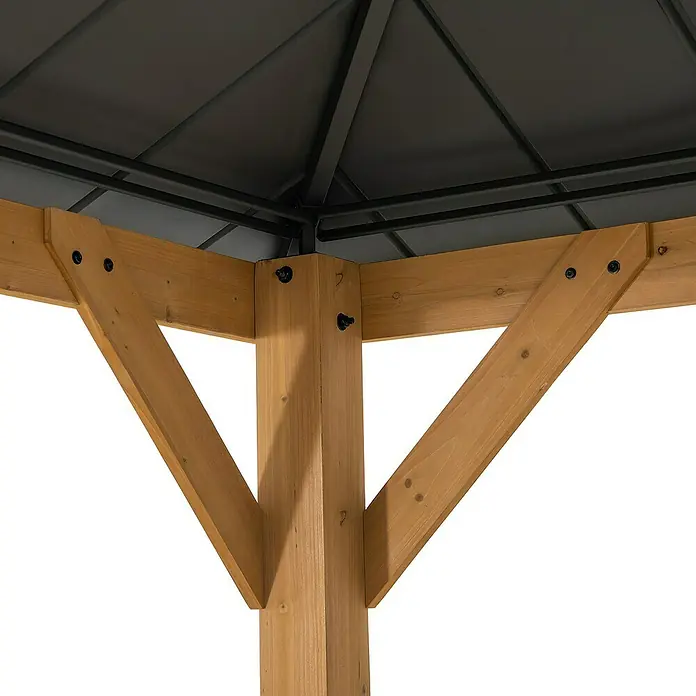 Sunjoy Pavillon Rimo - L x B: 390 x 450 cm, Farbe Dach: Anthrazit - Detailaufnahme eines Pavillondaches mit Holzstützbalken und schwarzer Metallkonstruktion, die Stabilität und Schutz bieten.