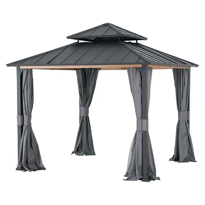 Sunjoy Pavillon-Seitenwände Polyester-Vorhangpaneele - Passend für: Sunjoy Gazebo Pavillon Pasu 300X300 cm, Grau - Diese Aufnahme zeigt einen eleganten Pavillon mit grauen Vorhängen, der eine stilvolle Ergänzung für jeden Garten darstellt.