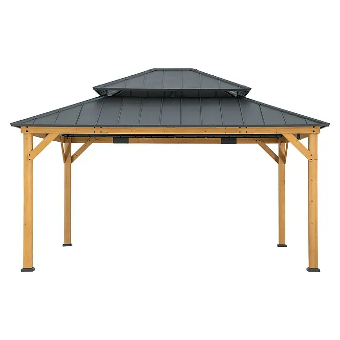 Sunjoy Pavillon Rimo - L x B: 390 x 450 cm, Farbe Dach: Anthrazit - Das Bild zeigt einen Pavillon mit einem grauen Dach und hölzernen Stützpfeilern, ideal für Gärten.