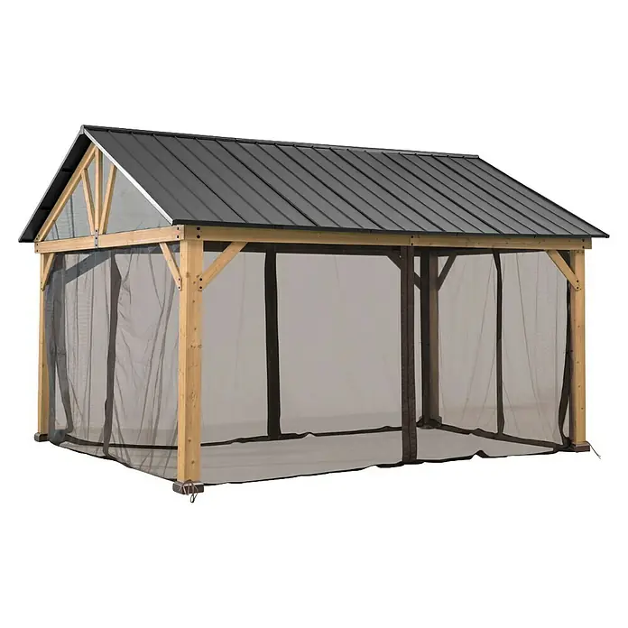 Sunjoy Pavillon-Seitenwände Moskitonetz - Passend für: Sunjoy Gazebo Pavillon Rebra 404x465 cm, Braun - Überdachter Pavillon mit Holzrahmen und Netzvorhängen für den Außenbereich, ideal als stilvoller und funktionaler Rückzugsort im Garten.