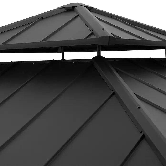 Sunjoy Pavillon Kaps - L x B: 330 x 330 cm, Farbe Dach: Anthrazit - Nahaufnahme des Metalldachs eines Pavillons mit klaren Linien und dunkler Farbgebung, die eine moderne Ästhetik vermittelt.