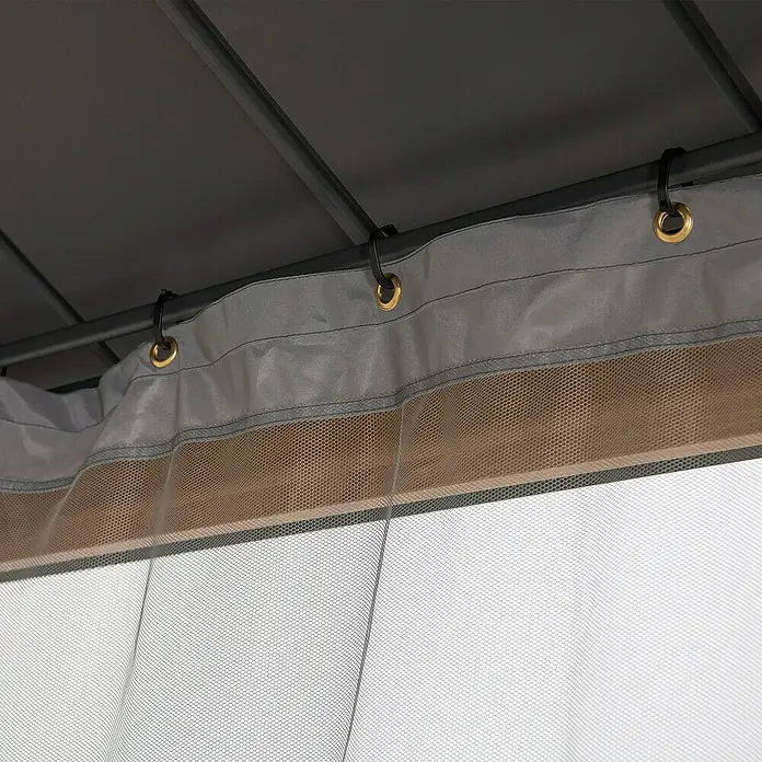 Sunjoy Pavillon-Seitenwände Moskitonetz - Passend für: Sunjoy Gazebo Pavillon Pasu 300X300 cm, Grau - Nahaufnahme eines Pavillons mit Vorhängen, die an Haken aufgehängt sind und ein schattiges Plätzchen bieten.