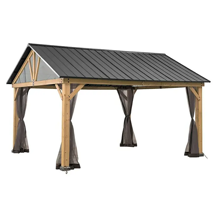Sunjoy Pavillon-Seitenwände Moskitonetz - Passend für: Sunjoy Gazebo Pavillon Rebra 404x465 cm, Braun - Elegantes Gartenpavillon mit grauem Dach und hellen Holzpfosten. Das Pavillon bietet stilvollen Schutz und ist ein Blickfang im Garten.