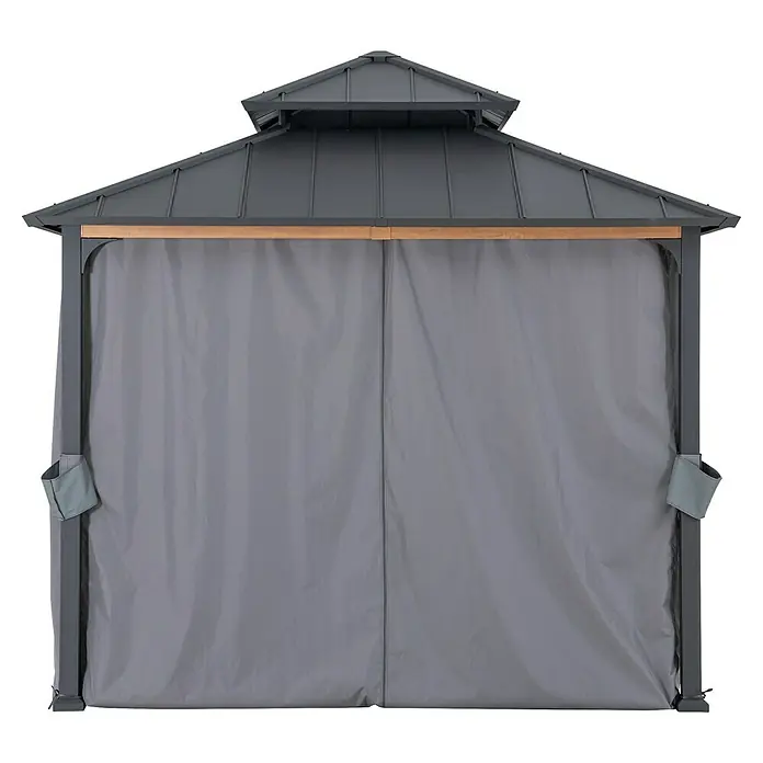 Sunjoy Pavillon-Seitenwände Polyester-Vorhangpaneele - Passend für: Sunjoy Gazebo Pavillon Pasu 300X300 cm, Grau - Bild eines Pavillons mit grauen Vorhängen, der Privatsphäre und Schutz bietet. Das robuste Design und die wetterfesten Materialien machen ihn ideal für den Außenbereich.