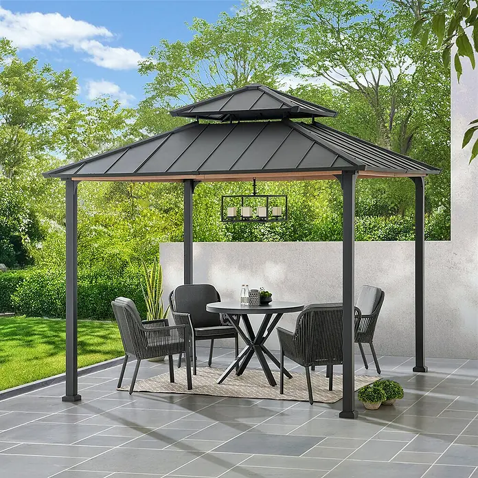 Sunjoy Pavillon Pasu - L x B: 300 x 300 cm, Farbe Dach: Anthrazit - Elegante Gartenlaube mit Tisch und Stühlen für stilvolle Outdoor-Entspannung.