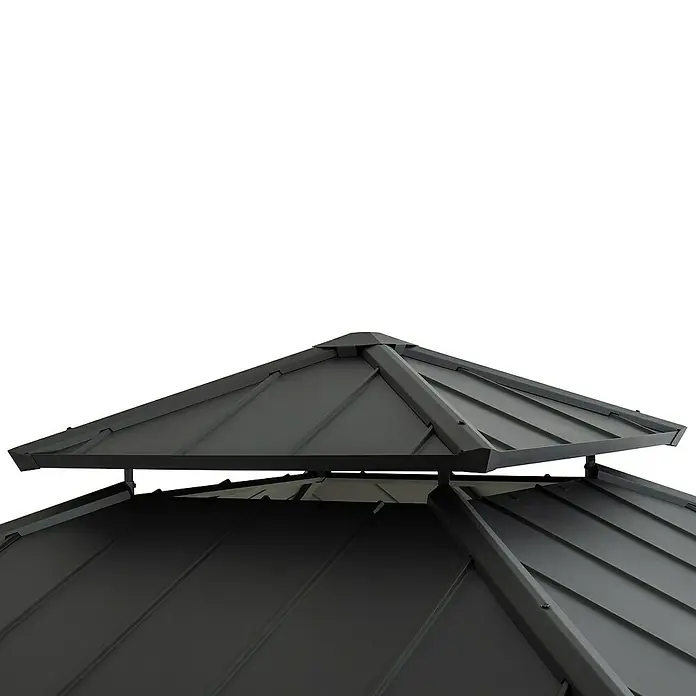 Sunjoy Pavillon Pasu - L x B: 300 x 300 cm, Farbe Dach: Anthrazit - Detailaufnahme des mehrschichtigen Metalldachs eines Pavillons, das robuste Bauweise und modernes Design vereint.