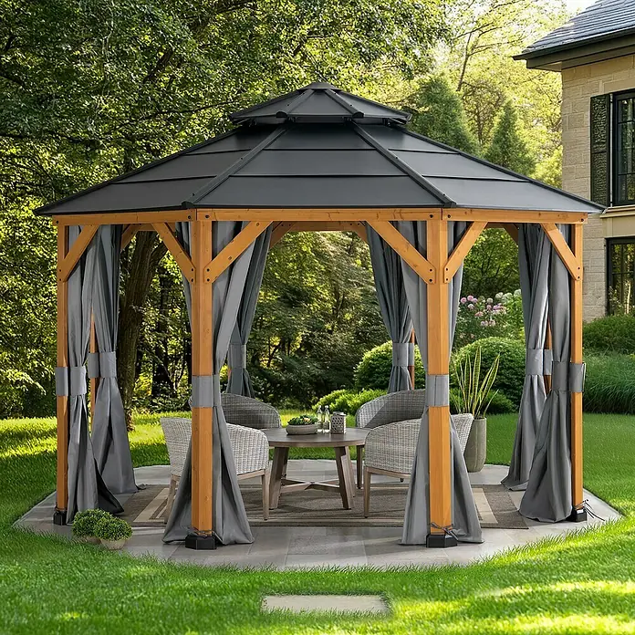 Sunjoy Pavillon-Seitenwände Polyester-Vorhangpaneele - Passend für: Sunjoy Gazebo Pavillon Eggi 395X395 cm, Grau - Gartengazebo mit Holzrahmen, grauem Dach und Vorhängen, ideal für entspannte Stunden im Freien.