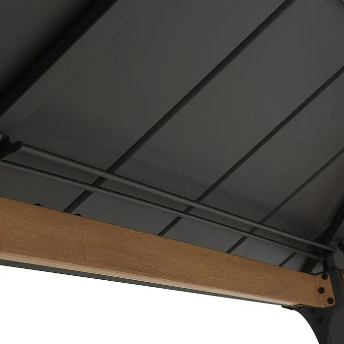 Sunjoy Pavillon Pasu - L x B: 300 x 300 cm, Farbe Dach: Anthrazit - Detailansicht des stabilen Pavillondachs mit Holzdetails und robusten Metallstreben für eine langlebige Konstruktion.