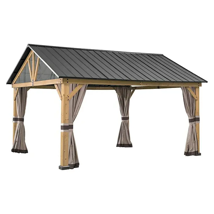 Sunjoy Pavillon-Seitenwände Polyester-Vorhangpaneele - Passend für: Sunjoy Gazebo Pavillon Rebra 404X465 cm, Braun - Freistehender Pavillon mit Holzrahmen, Metallspitzdach und beigefarbenen Vorhängen für den Außenbereich.