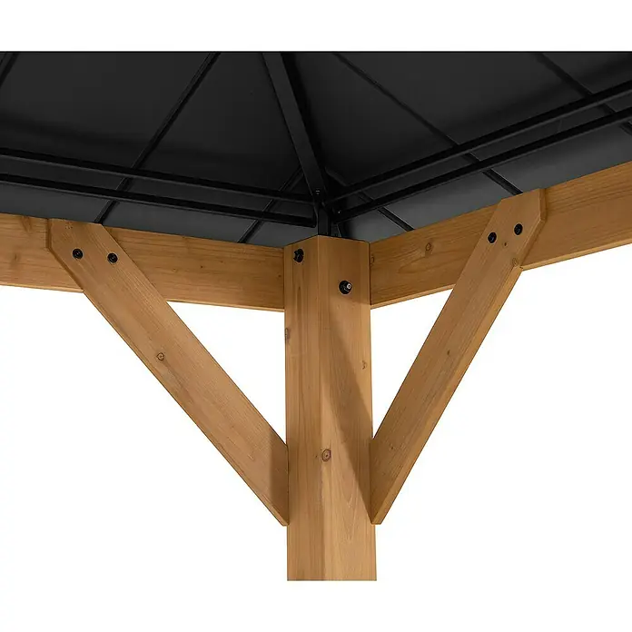 Sunjoy Pavillon Kaps - L x B: 330 x 330 cm, Farbe Dach: Anthrazit - Nahaufnahme der Holzstützstruktur eines Pavillons mit schwarzen Metallakzenten, die die robuste Bauweise hervorheben.