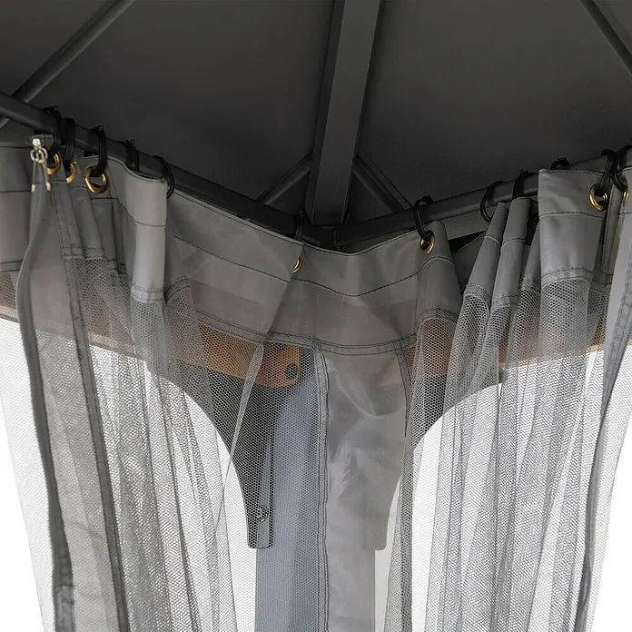 Sunjoy Pavillon-Seitenwände Moskitonetz - Passend für: Sunjoy Gazebo Pavillon Pasu 300X300 cm, Grau - Einblick in das Innere eines Pavillons mit grauen Vorhängen und einem stabilen, dunklen Rahmen für einen gemütlichen Außenbereich.