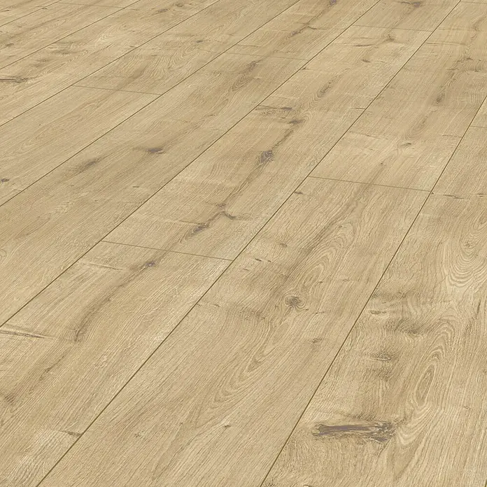 LOGOCLIC Vinto Laminat - Eiche Milford, Landhausdiele, 1.288 x 195 x 8 mm - Nahaufnahme eines hellen Laminatbodens mit Holzstruktur, ideal für moderne Wohnräume.