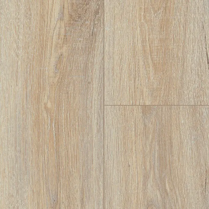 LOGOCLIC Silentos Laminat - Eiche Mira, Landhausdiele, 1.288 x 195 x 9 mm - Nahaufnahme von hellem Laminatboden mit Holzstruktur, ideal für moderne Innenräume.\n