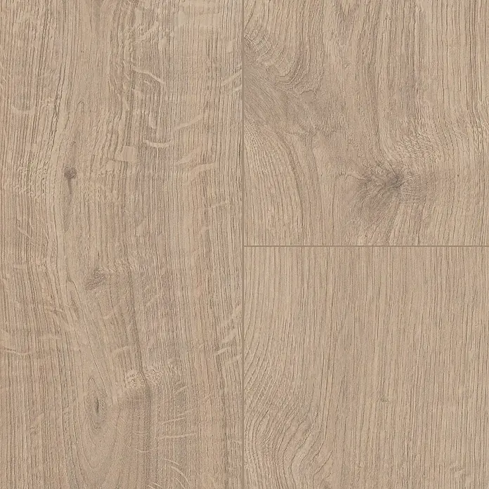 LOGOCLIC Vinto Laminat - Eiche Venetia, Landhausdiele, 1.288 x 195 x 8 mm - Nahaufnahme eines Laminatbodens mit Holzmaserung in hellen Farbtönen, ideal für moderne Innenräume.