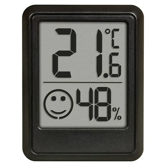 TFA Dostmann Funk-Thermo-Hygrometer - Digital - Das digitale Thermometer zeigt 21,6°C Temperatur und 48% Luftfeuchtigkeit an.