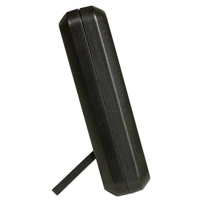 TFA Dostmann Funk-Thermo-Hygrometer - Digital - Ein schwarzes digitales Thermometer steht auf einem schwarzen Ständer. Ideal zur Temperaturüberwachung.