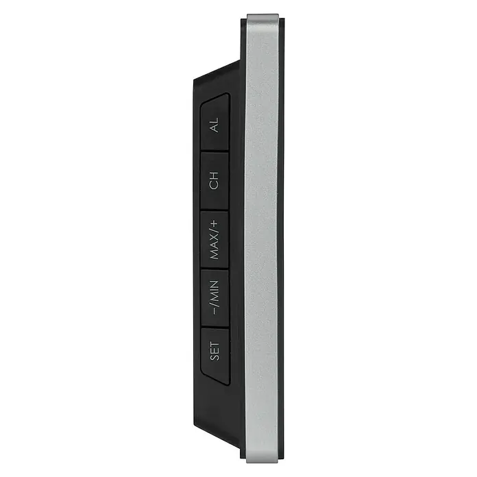 TFA Dostmann Wetterstation Sun 2 - Batteriebetrieben, Schwarz, 11,3 x 2,4 x 11,3 cm - Nahaufnahme eines elektronischen Geräts mit silberner Zierleiste und schwarzen Tasten mit weißen Aufschriften wie SET, -/MIN, MAX/+, CH und AL.