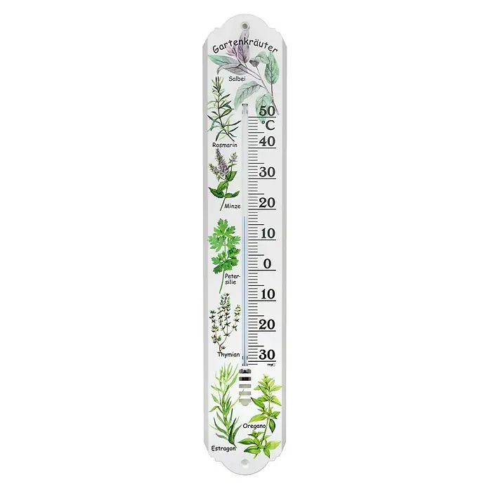 TFA Dostmann Thermometer Kräuter - Analog, L x B x H: 50 x 5 x 9,2 cm, Weiß mit Muster - Ein Kräuter-Thermometer mit Illustrationen von Salbei, Rosmarin, Minze, Petersilie, Thymian, Estragon und Oregano.