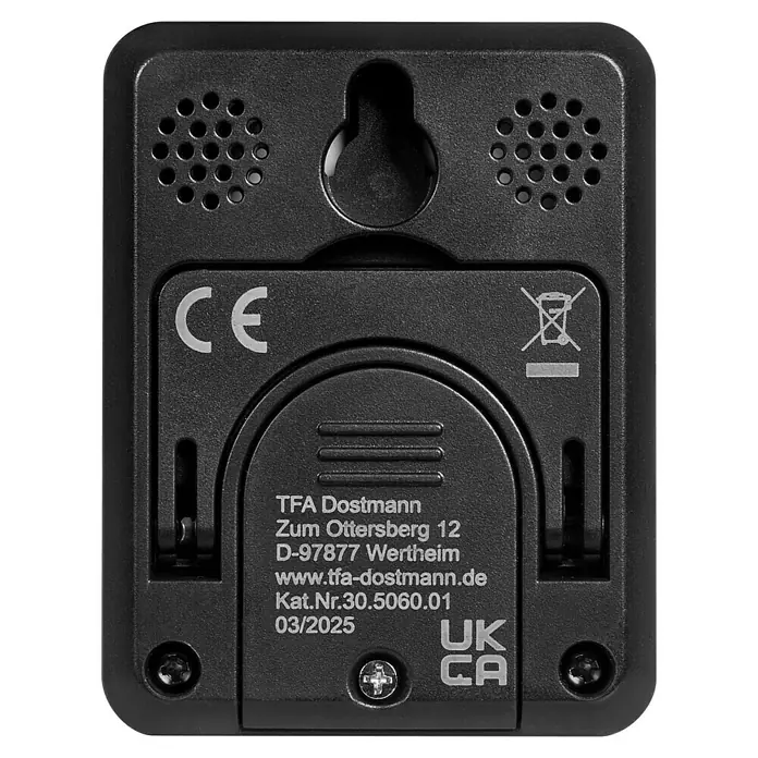 TFA Dostmann Funk-Thermo-Hygrometer - Digital - Rückansicht eines TFA Dostmann-Produkts mit CE-Kennzeichnung, Entsorgungssymbol und UKCA-Logo, sowie Herstellerinformationen und Katalognummer.