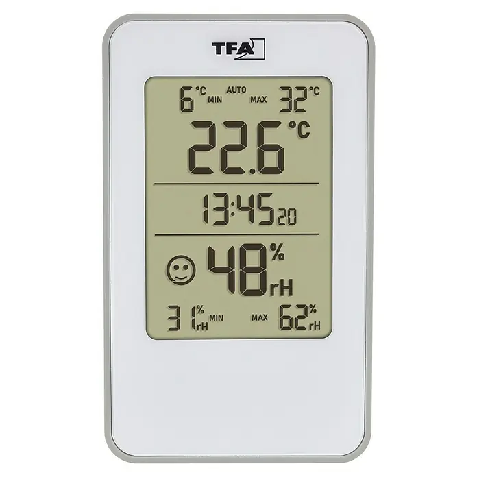 TFA Dostmann Digitales Thermo-Hygrometer - Weiß, L x H: 7,2 x 12 cm - Digitales Thermo-Hygrometer von TFA mit Anzeige von Temperatur, Luftfeuchtigkeit und Uhrzeit für ein angenehmes Raumklima.