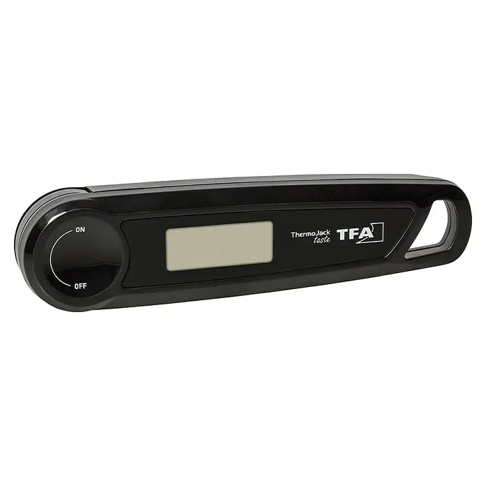 TFA Dostmann Grill-Thermometer Jack Taste - Digital - Das schwarze ThermoJack Taste Digitalthermometer von TFA mit Ein-/Ausschalter und Displayanzeige für präzise Temperaturmessungen.