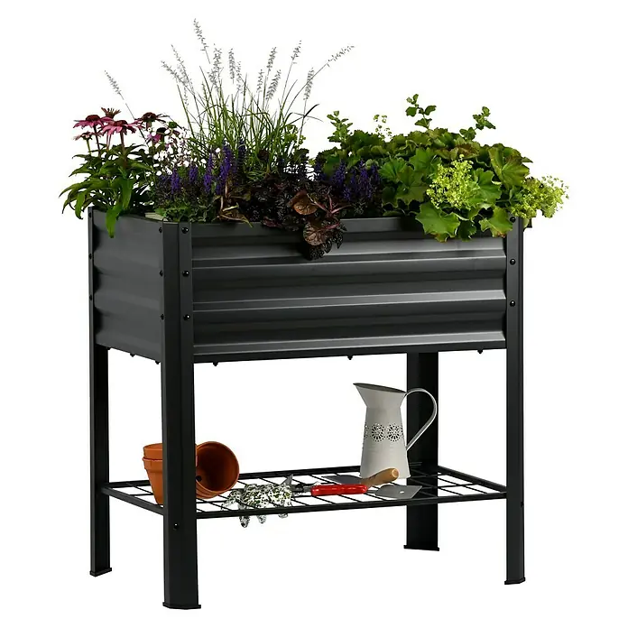 Dobar Hochbeet Kubus - 78 x 58 x 78 cm, Metall, Anthrazit - Erhöhtes, graues Pflanzbeet mit Unterregal und verschiedenen Pflanzen, ideal für den Garten oder die Terrasse.