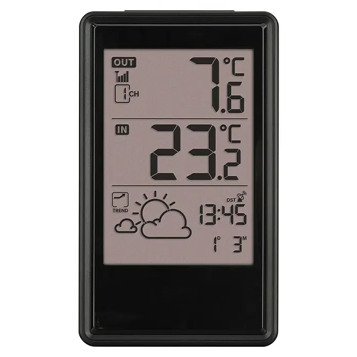 TFA Dostmann Funkwetterstation - Batteriebetrieben, Schwarz, 8,6 x 3 x 14,5 cm - Das Bild zeigt eine digitale Wetterstation mit Anzeige von Innen- und Außentemperatur, Uhrzeit und Wettervorhersage.