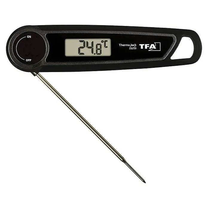 TFA Dostmann Grill-Thermometer Jack Taste - Digital - Abbildung eines digitalen Thermometers von TFA, das eine Temperatur von 24,8°C anzeigt. Das Thermometer hat eine lange Metallsonde.
