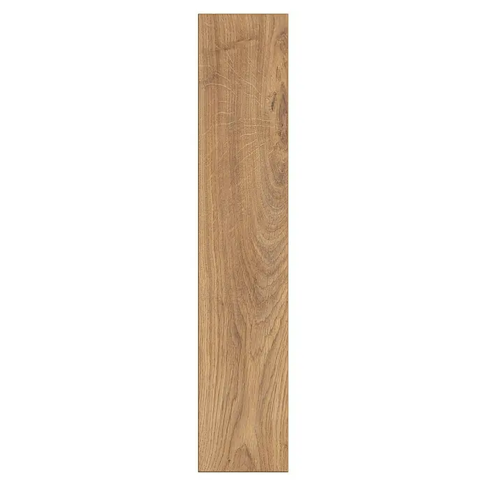 LOGOCLIC Vinto Laminat Herringbone - Oberon Oak, Landhausdiele, 630 x 126 x 8 mm - Nahaufnahme einer einzelnen Holzdiele mit einer wunderschönen Maserung, die die natürliche Schönheit des Holzes hervorhebt.