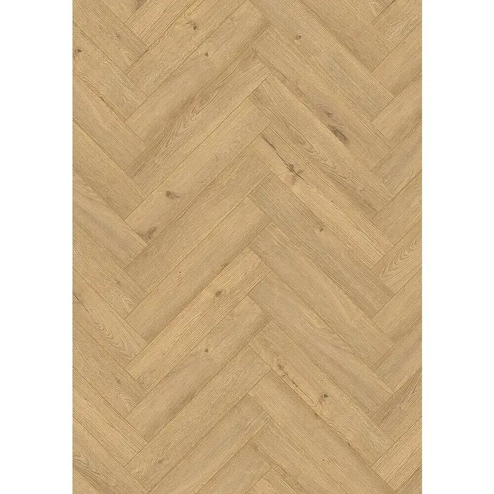 LOGOCLIC Vinto Laminat Herringbone - Galaxy Oak, Landhausdiele, 630 x 126 x 8 mm - Elegantes Fischgrätparkett in warmen, hellen Holztönen. Das Bodenmuster verleiht jedem Raum eine klassische und stilvolle Atmosphäre.