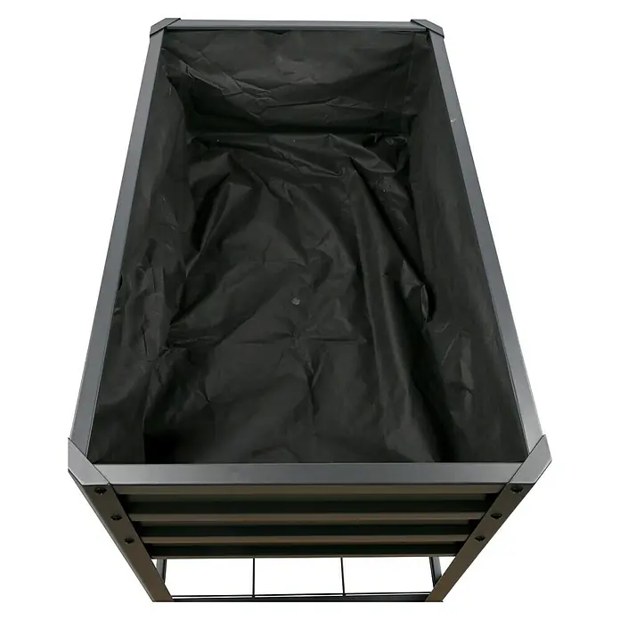 Dobar Hochbeet Kubus - 78 x 58 x 78 cm, Metall, Anthrazit - Ansicht von oben eines rechteckigen, erhöhten Pflanzgefäßes mit schwarzem Stoffeinsatz, ideal für Garten und Terrasse, vielseitig und robust.