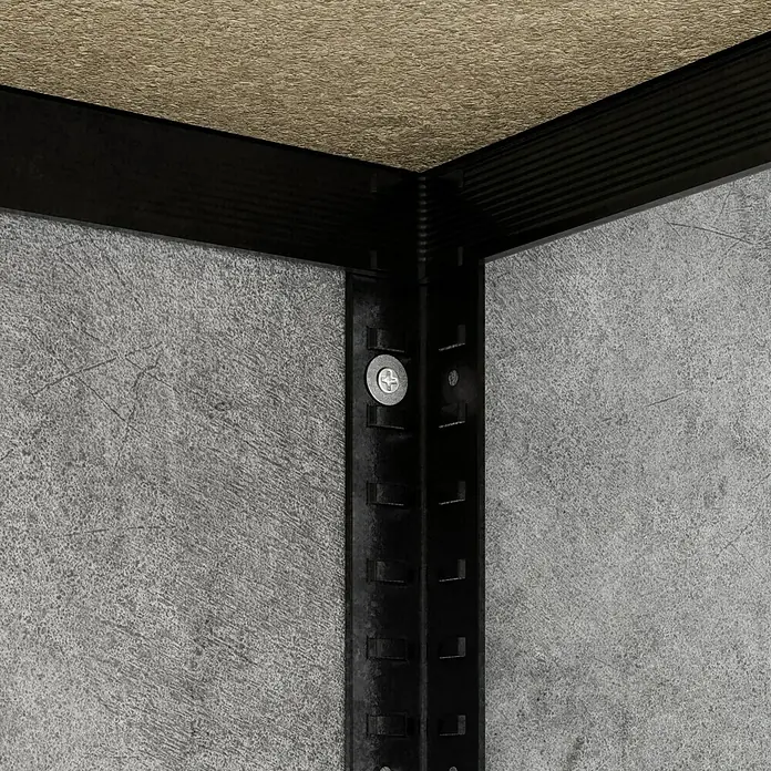 Regalux Schwerlastregal R250 - H x B x T: 180 x 160 x 60 cm, Traglast pro Boden: 250 kg, Anzahl Böden: 4 Stk., Stecken, Grau - Eckansicht eines schwarzen Regalsystems mit einer Schraube zur Befestigung, das an einer Wand befestigt ist und eine Holzplatte trägt.